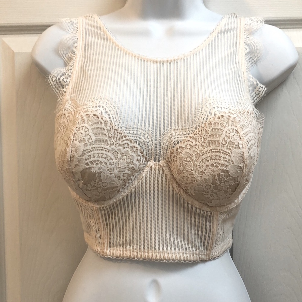 Lace Overlay Ribbed Longline Bralette - Cream